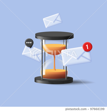 Glass sand clock 3d icon with white envelops around it, render composition digital illustration 97668199