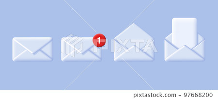 Set of 3d white mail envelops, open with document and closed with red dot notification Set of 3d white mail envelops, open with document and closed with red dot notification 97668200