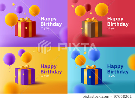 Set of cards with gift box illustration with round balloons in different colors Set of cards with gift box illustration with round balloons in different colors 97668201