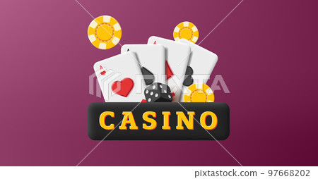 Casino banner 3d label with cards aces, chips and dice, render composition Casino banner 3d label with cards aces, chips and dice, render composition 97668202