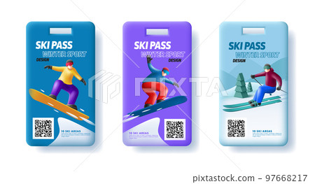 Ski pass admission card template with 3d render illustration of skier and snowboarder on the slope with qr code 97668217
