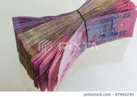 Bundles of Ukrainian hryvnia banknotes. Ukrainian hryvnia banknotes, large amount in packs 97668290