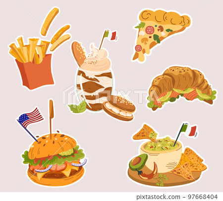 Food stickers. Pizza, burger, guacamole, French fries, tiramisu and croissant. Perfect for printing, restaurant, postcards and menus. Cartoon vector illustration isolated. Food stickers. Pizza, burger, guacamole, French fries, tiramisu and croissant. Perfect for printing, restaurant, postcards and menus. Cartoon vector illustration isolated. 97668404