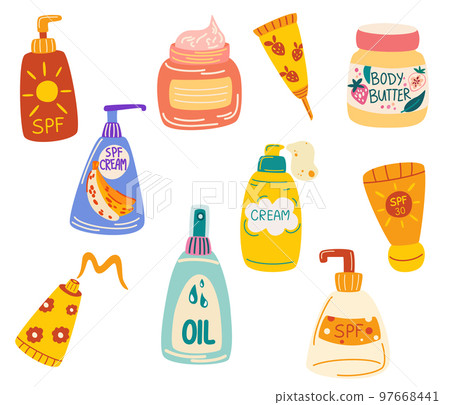 Sunscreen cream set. Protection for the skin from solar ultraviolet light. Summer cosmetic. Sunblock, skin protection, skin care products. Vector Hand draw illustration Sunscreen cream set. Protection for the skin from solar ultraviolet light. Summer cosmetic. Sunblock, skin protection, skin care products. Vector Hand draw illustration 97668441