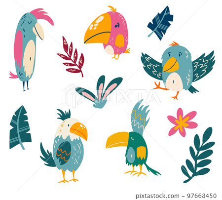 Parrots and tropical leaves set. Exotic birds. Great for children cards, prints and greeting card. Isolated vector clip art illustration. Parrots and tropical leaves set. Exotic birds. Great for children cards, prints and greeting card. Isolated vector clip art illustration. 97668450