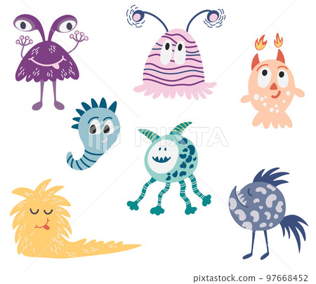 Monsters set. Aliens. Cute space monsters for kids and toys. Funny bright character in a hand-drawn cartoon doodle style. Ideal for packaging games, puzzles, mazes. Vector cartoon illustrations Monsters set. Aliens. Cute space monsters for kids and toys. Funny bright character in a hand-drawn cartoon doodle style. Ideal for packaging games, puzzles, mazes. Vector cartoon illustrations 97668452