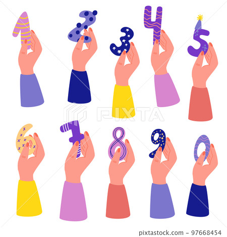 Hand hold numbers. Holiday numbers for birthday and party. Votes jury judges of tournament or contest. Hand Drawn Cartoon Vector illustration. Hand hold numbers. Holiday numbers for birthday and party. Votes jury judges of tournament or contest. Hand Drawn Cartoon Vector illustration. 97668454