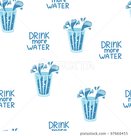 Glass of water seamless pattern. Drink more water. Healthy lifestyle daily habits, wellness, morning rituals. Stay hydrated. Flat hand drawn illustration. 97668455