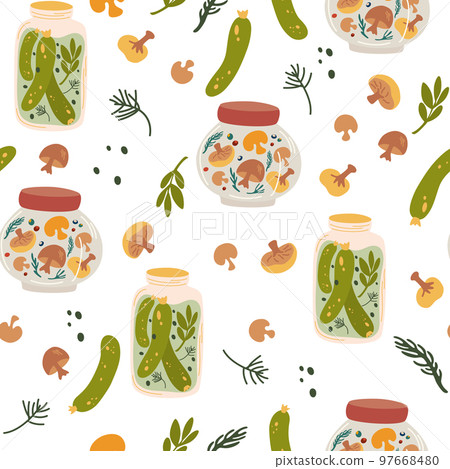 Preserving seamless pattern. Pickled cucumbers and mushrooms. Canned, Preserve and Jar Food. Fermented veggies. Conserve Concept. Hand Drawn Cartoon Vector illustration Preserving seamless pattern. Pickled cucumbers and mushrooms. Canned, Preserve and Jar Food. Fermented veggies. Conserve Concept. Hand Drawn Cartoon Vector illustration 97668480