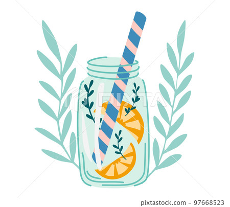 Lemonade in a jar. Refreshing summer drink. Fresh water with lemon slice, mint, For menu, web and graphic design. Vector illustration isolated on white background Lemonade in a jar. Refreshing summer drink. Fresh water with lemon slice, mint, For menu, web and graphic design. Vector illustration isolated on white background 97668523