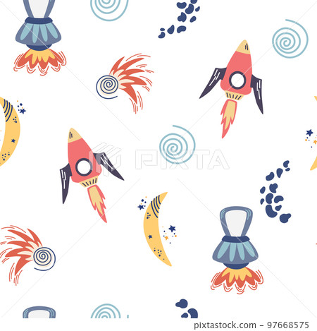 Space seamless pattern. Background with cartoon space rockets, planets, stars. Cosmic. Perfect for children's designs, wallpaper, textile and print. Vector Hand draw illustration Space seamless pattern. Background with cartoon space rockets, planets, stars. Cosmic. Perfect for children's designs, wallpaper, textile and print. Vector Hand draw illustration 97668575