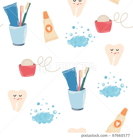 Dental care seamless pattern. Tooth, dental floss, toothpaste, toothbrush, cartoon characters. Treatment and oral hygiene. Textile, wallpaper, prints. Vector flat illustration 97668577