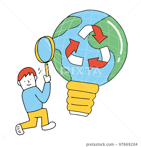 Illustration of a child investigating renewable energy 97669284