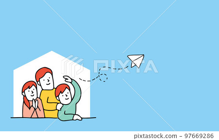 一家三口向未來扔紙飛機插畫背景 一家三口向未來扔紙飛機插畫背景 97669286