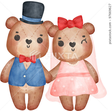 Cute sweet wedding love bride and groom teddy bear cartoon character watercolour  97669627