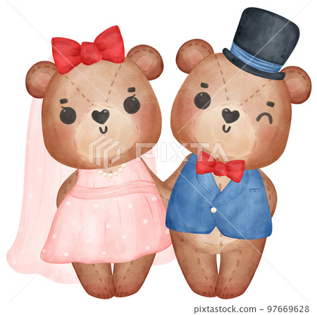 Cute sweet wedding love bride and groom teddy bear cartoon character watercolour  97669628