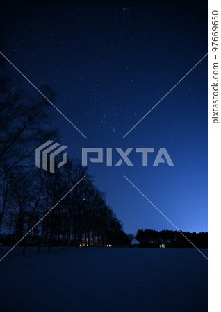 Snowfield, trees and starry sky 6 - Stock Photo [97669650] - PIXTA