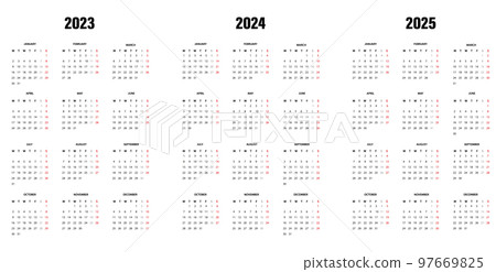 Calendar  2023, 2024 and 2025 - simple template 97669825