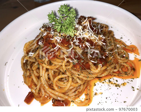 Delicious Spaghetti Bolognese, Pasta with meat, tuna, and tomato sauce and vegetables american italian cuisine 97670003