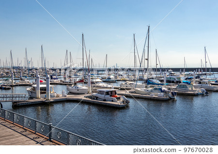 Many boats moored in the harbor Many boats moored in the harbor 97670028