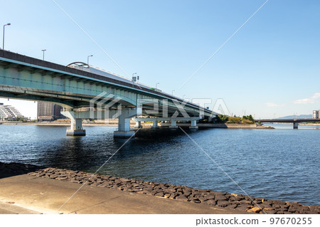 A highway bridge over the sea that connects Nishinomiya City and Ashiya City in Hyogo Prefecture A highway bridge over the sea that connects Nishinomiya City and Ashiya City in Hyogo Prefecture 97670255