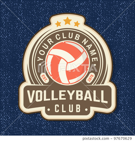 Volleyball club logo, patch. Vector illustration. For college league sport club emblem, sign, logo. Vintage shirt, label, sticker, patch with volleyball ball silhouettes. 97670629