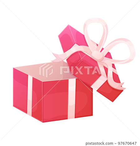 Opened red box with red ribbon bow. Valentine day, Christmas, Happy birthday concept. Illustration isolated on white background in realistic cartoon style. 97670647