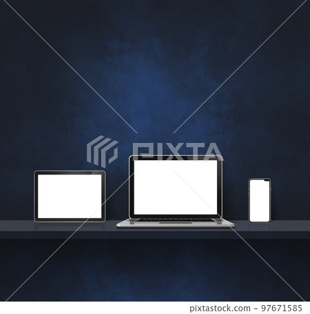 Laptop, mobile phone and digital tablet pc on black wall shelf. Square background Laptop, mobile phone and digital tablet pc on black wall shelf. Square background 97671585