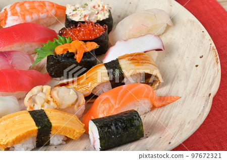 Assorted sushi on a platter. Seafood, sushi, sushi, sushi, japanese food. 97672321