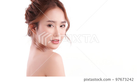 Beautiful young asian woman with clean fresh skin on white background, Face care, Facial treatment, Cosmetology, beauty and spa, Asian women portrait. 97673242