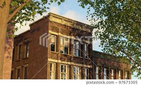 old building facade brick apartment luxury dwelling downtown city trees and sunset lights 3D illustration old building facade brick apartment luxury dwelling downtown city trees and sunset lights 3D illustration 97673305