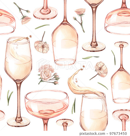 Watercolor of wine glass seamless pattern background. Hand draw background with food objects. Concept for fabric print, label, banner, menu, flyer, brochure template Watercolor of wine glass seamless pattern background. Hand draw background with food objects. Concept for fabric print, label, banner, menu, flyer, brochure template 97673450