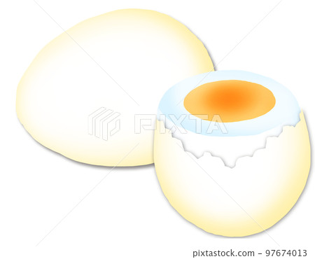Boiled egg_Boiled egg showing a cross section with an egg rolling sideways 97674013