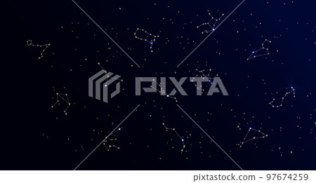 Constellation map, mystical cosmic sky with constellations and stars, nebula background, blue galaxy. Illustration, poster, vector 97674259