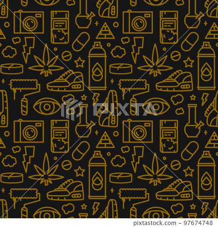 Cannabis Graffiti Seamless Pattern in Line Art Cartoon Style for Medical Marijuana Product Package Cannabis Graffiti Seamless Pattern in Line Art Cartoon Style for Medical Marijuana Product Package 97674748