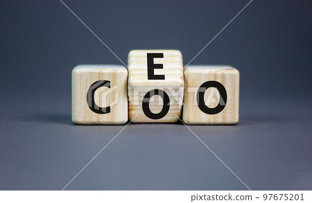 CEO or COO symbol. Concept word CEO chief executive officer or COO chieve operating officer on wooden cubes. Beautiful grey table grey background. Business and CEO or COO concept. Copy space. 97675201