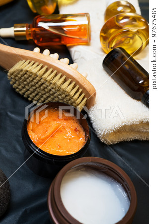 luxury Set of spa products with accessoires on black background 97675485