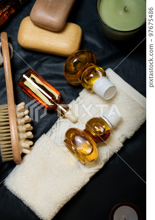 luxury Set of spa products with accessoires on black background 97675486