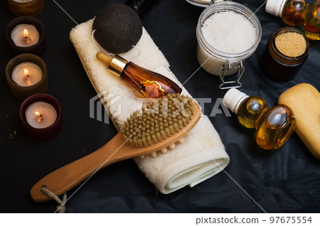 luxury Set of spa products with accessoires on black background luxury Set of spa products with accessoires on black background 97675554