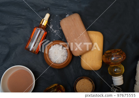 luxury Set of spa products with accessoires on black background luxury Set of spa products with accessoires on black background 97675555