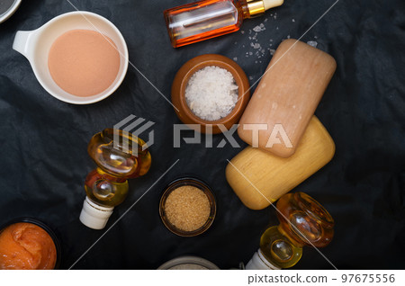 luxury Set of spa products with accessoires on black background luxury Set of spa products with accessoires on black background 97675556