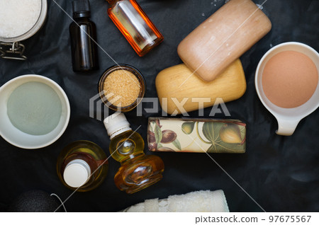 luxury Set of spa products with accessoires on black background luxury Set of spa products with accessoires on black background 97675567