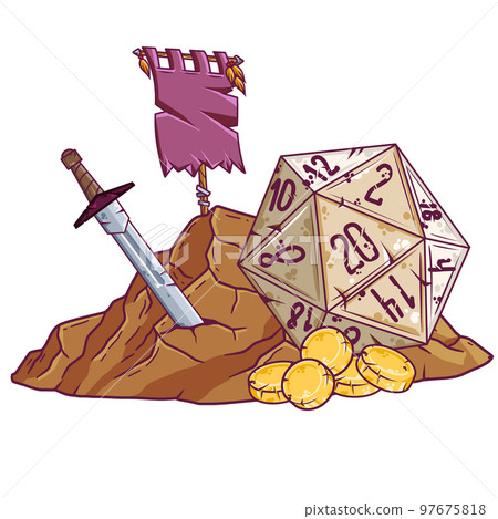 Dungeon and dragons board game. Dice d20 and cartoon cave entrance. Tabletop RPG game Dungeon and dragons board game. Dice d20 and cartoon cave entrance. Tabletop RPG game 97675818
