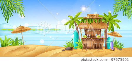 Beach bar tropical background, summer Hawaii terrace restaurant, vector exotic vacation island cafe Beach bar tropical background, summer Hawaii terrace restaurant, vector exotic vacation island cafe 97675901