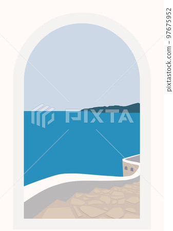 Greek town view flat color vector illustration. Summer holiday in Greece. 97675952