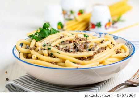 Homemade pasta with meat and herbs. 97675967