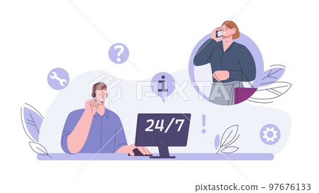 Woman call to support or helping center and ask young operator in headphones. Faq help, office man work with computer, online social care vector scene 97676133