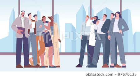 Corporate business teams in office. Opposition groups with leaders. Leadership, top managers competition. International vector financial characters 97676135