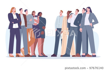 Opposition teams and business rivals. Confrontation in politic, office or work. Girls and men opponents, corporate battle or kicky businessman competition vector scene 97676140
