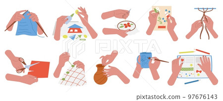 Handmade workshop, craft and embroidery process. Human hands create and painting, drawing workshop. Art hobby, diy and sewing decent vector set 97676143